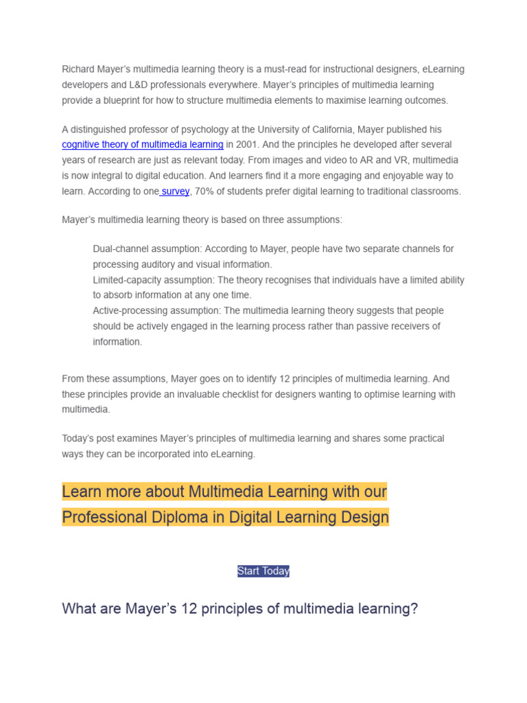 Richard Mayer's Multimedia Learning Theory | PDF | Multimedia | Learning