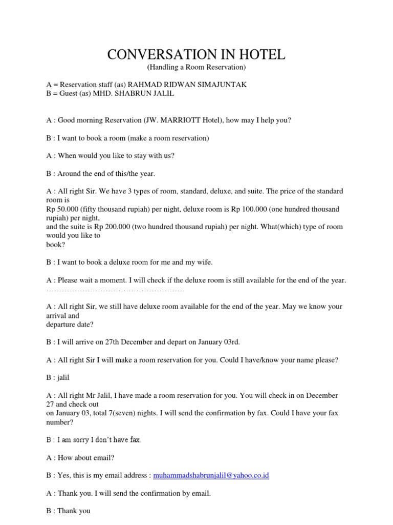 Conversation in Hotel: (Handling A Room Reservation) | PDF