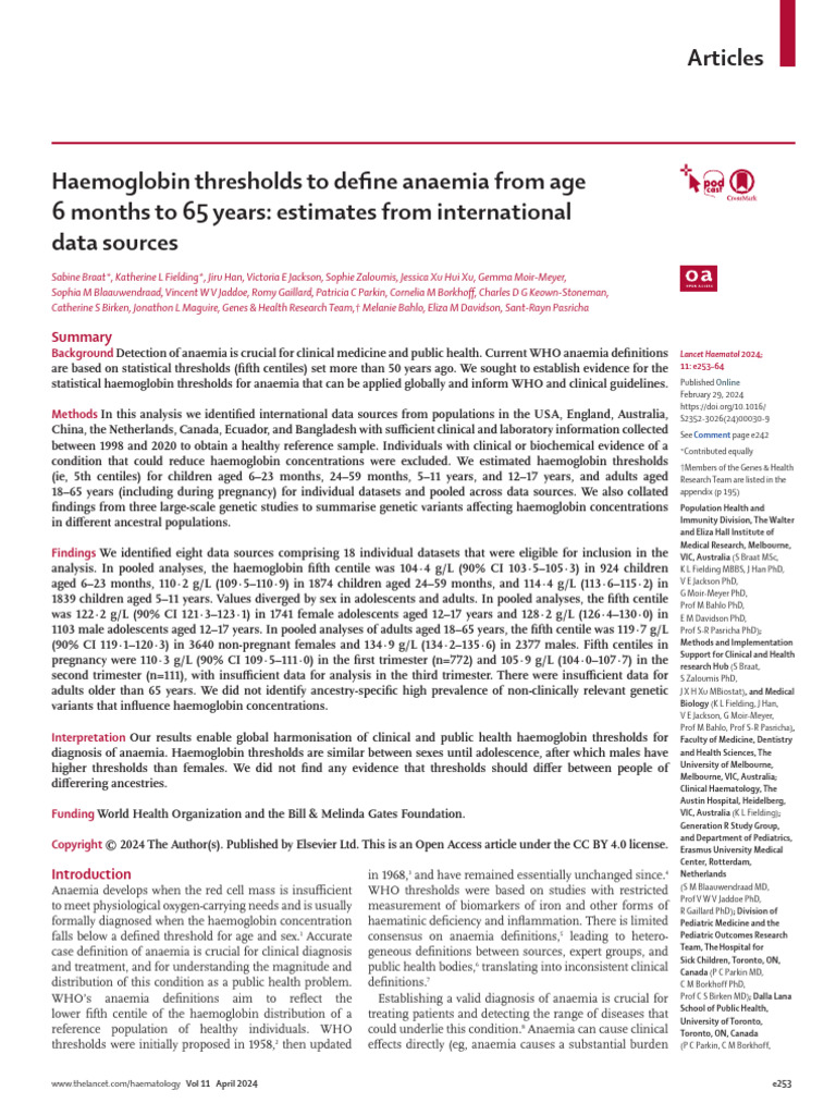 Haemoglobin Thresholds To Define Anaemia From Age 6 Months To 65 Years ...