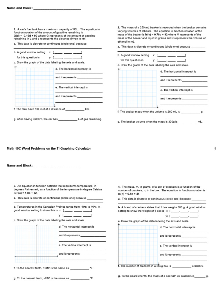 Math 10C Word Problems On The TI Graphing Calculator | PDF