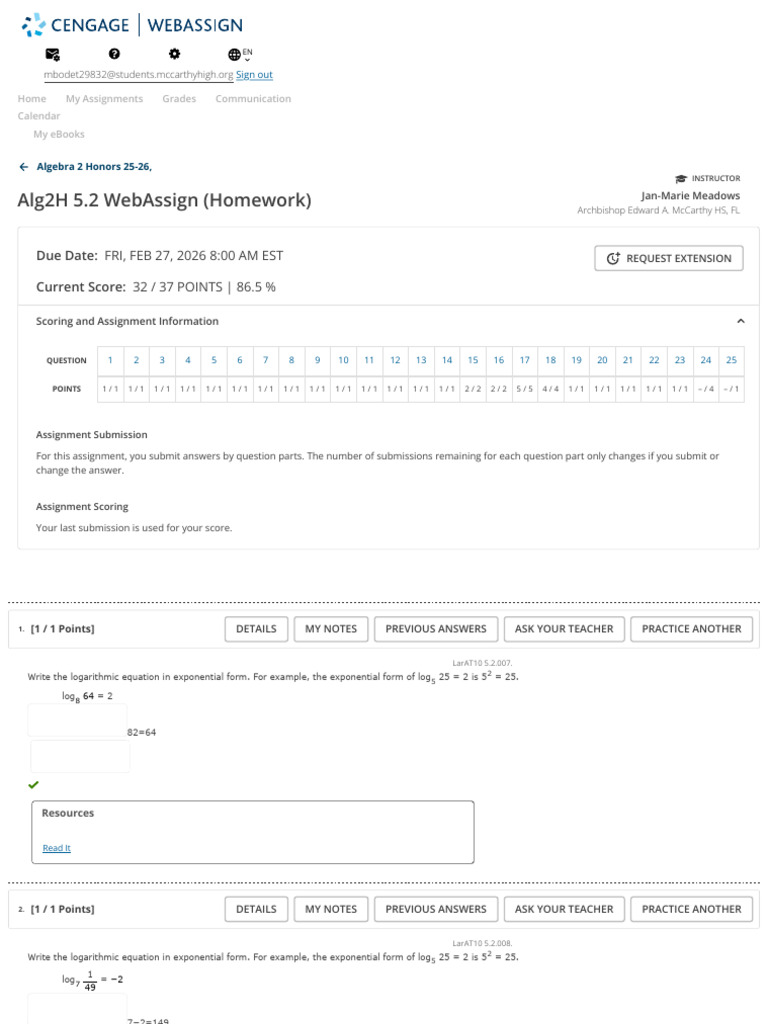 Alg2H 5.2 WebAssign - Algebra 2 Honors 25-26 - WebAssign | PDF ...