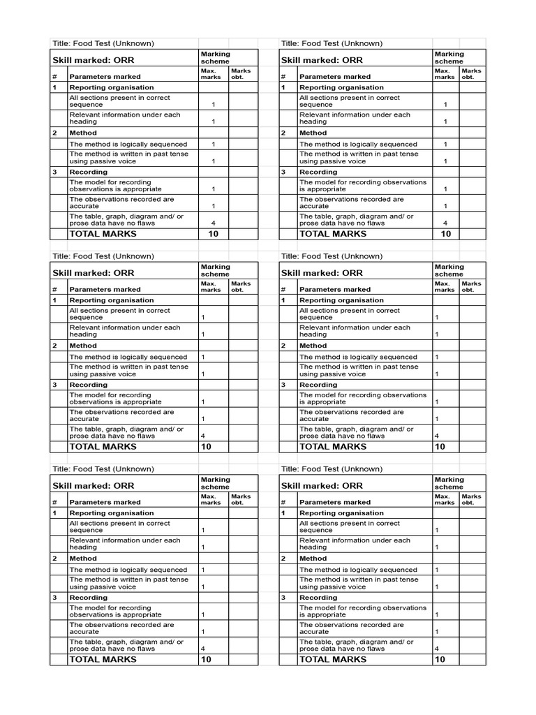 ORR Marking Scheme - 4D-Lab 5 Food Test | PDF | Applied Mathematics