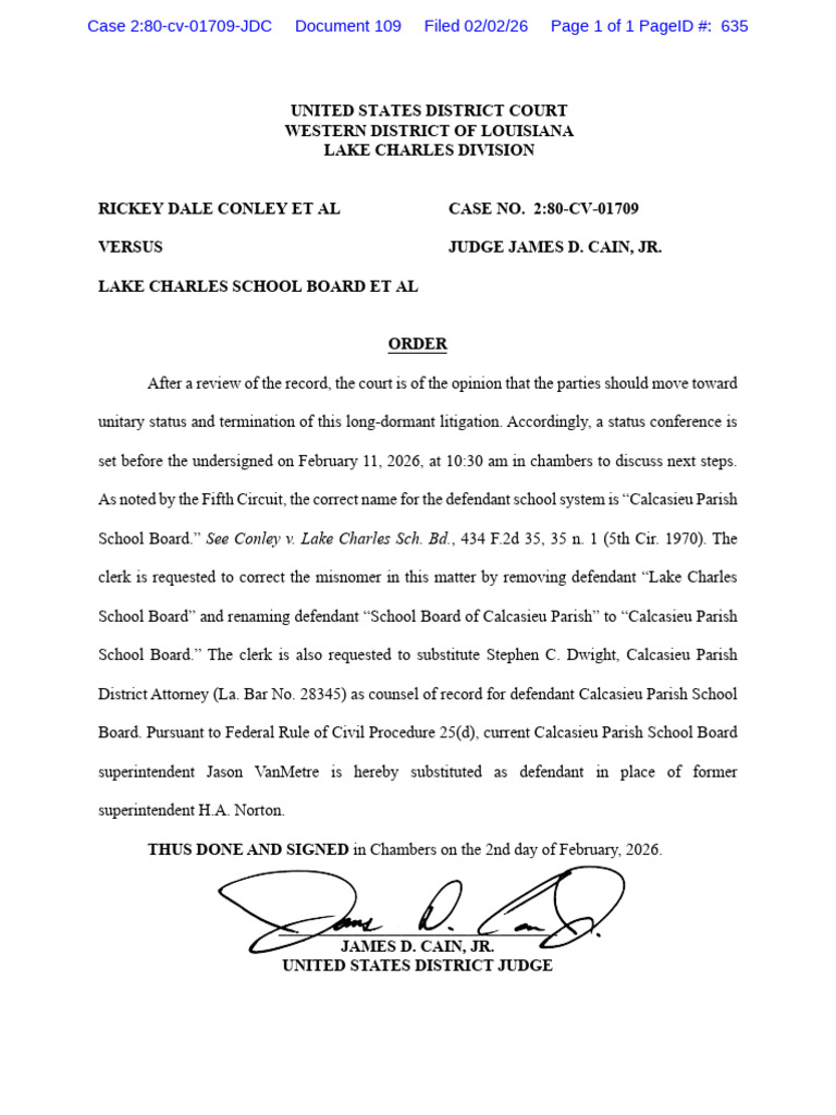 Rickey Dale Conley Et Al v. Lake Charles School Board Et Al Court Order ...