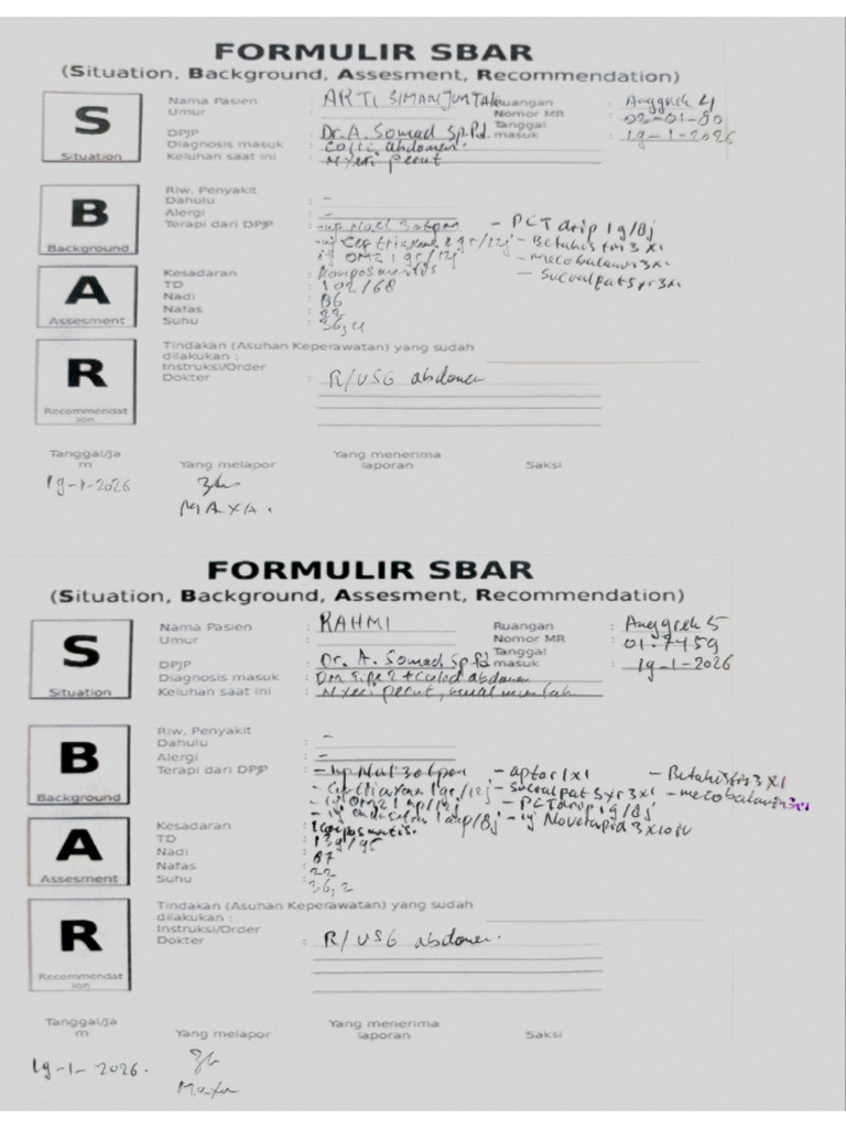 SBAR - Note - Summary 20 01 2026 08 34 | PDF