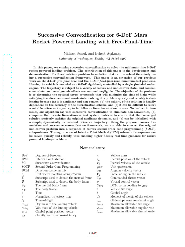Successive Convexification For 6-DoF Mars Rocket Powered Landing With ...