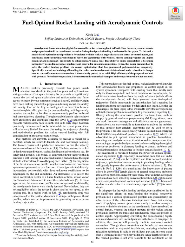Fuel-Optimal Rocket Landing With Aerodynamic Controls | PDF | Launch ...