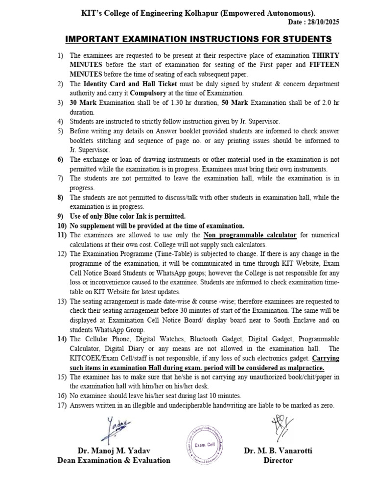 Important Examination Instructions For Students | PDF