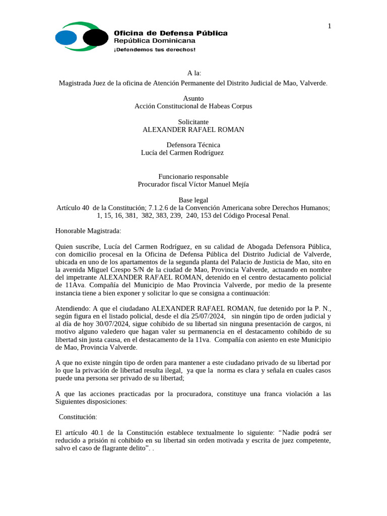 Accion de Habeas Corpus Alexander Rafael Roman | PDF | Habeas corpus ...