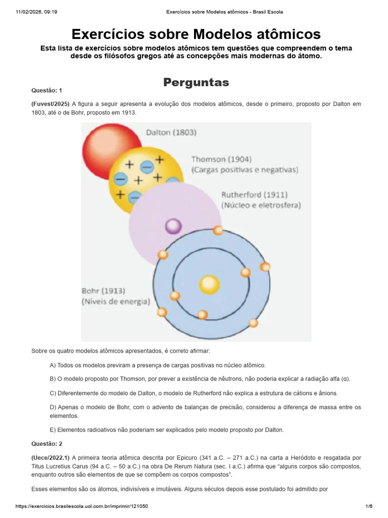 Exercícios Sobre Modelos Atômicos - Brasil Escola | PDF | Elétron | Átomos