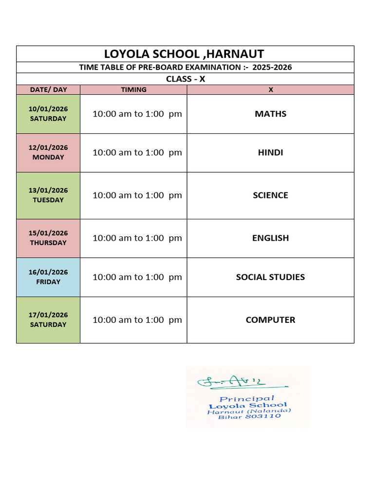Pre Board Time Table 2025 2026 | PDF