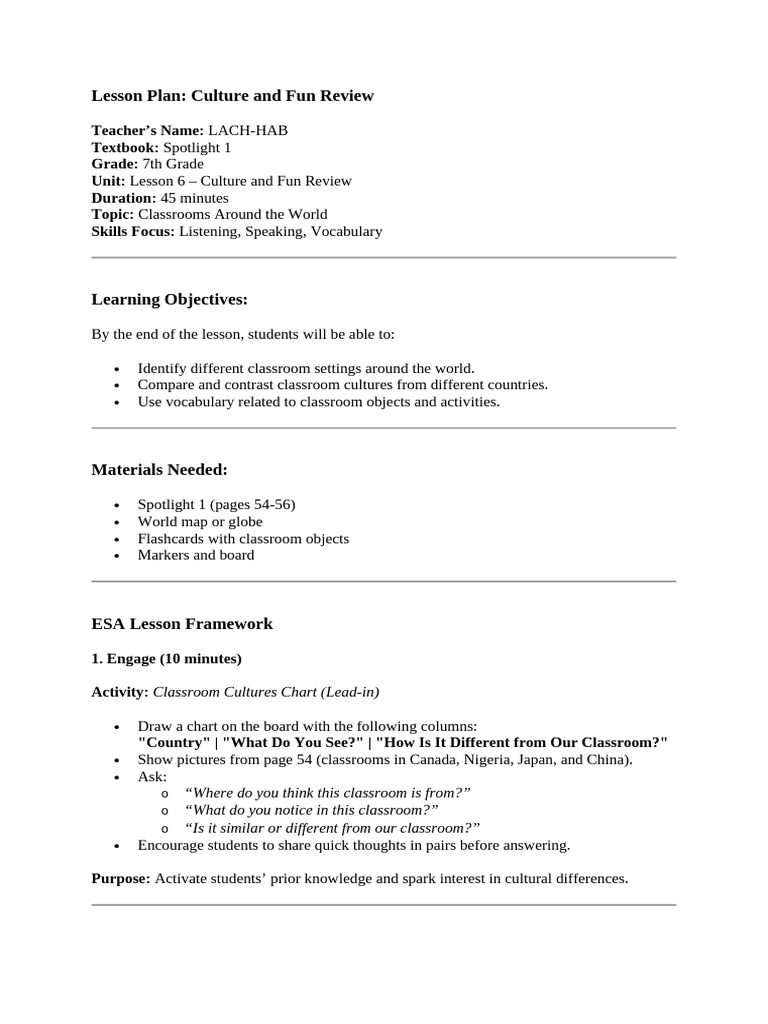 Unit 2 Lesson 6 Culture and Fun Review | PDF | Vocabulary | Classroom