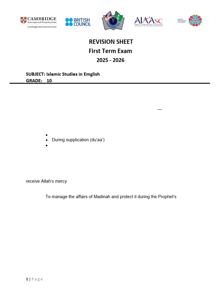 G10 Islamic Studies in English Worksheet | PDF | Muhammad | Mecca