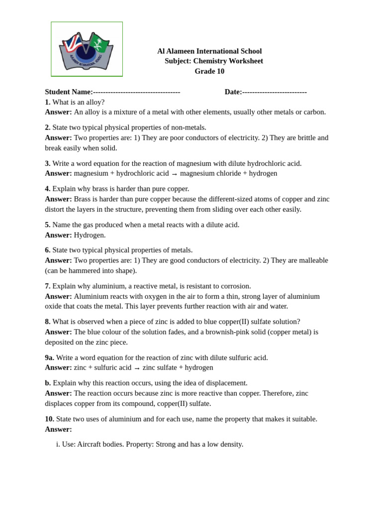 Grade 10 Part B Chemistry Worksheet | PDF | Metals | Zinc