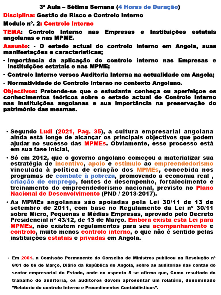 AULA Nº. 3 Modulo de Controlo Interno | PDF | Angola | Auditoria interna