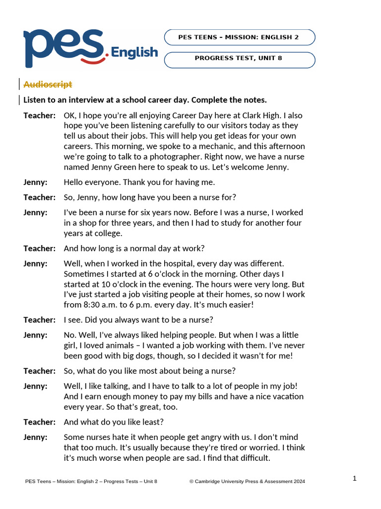 Mission English 2, Unit 8 Test, Audio Script | PDF