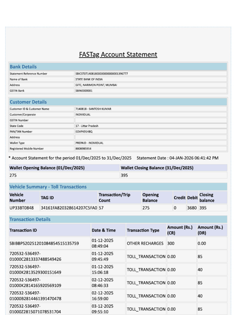 Toll Statement | PDF