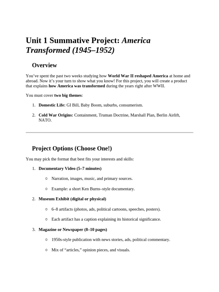 Unit 1 Summative Project - America Transformed (1945-1952) | PDF