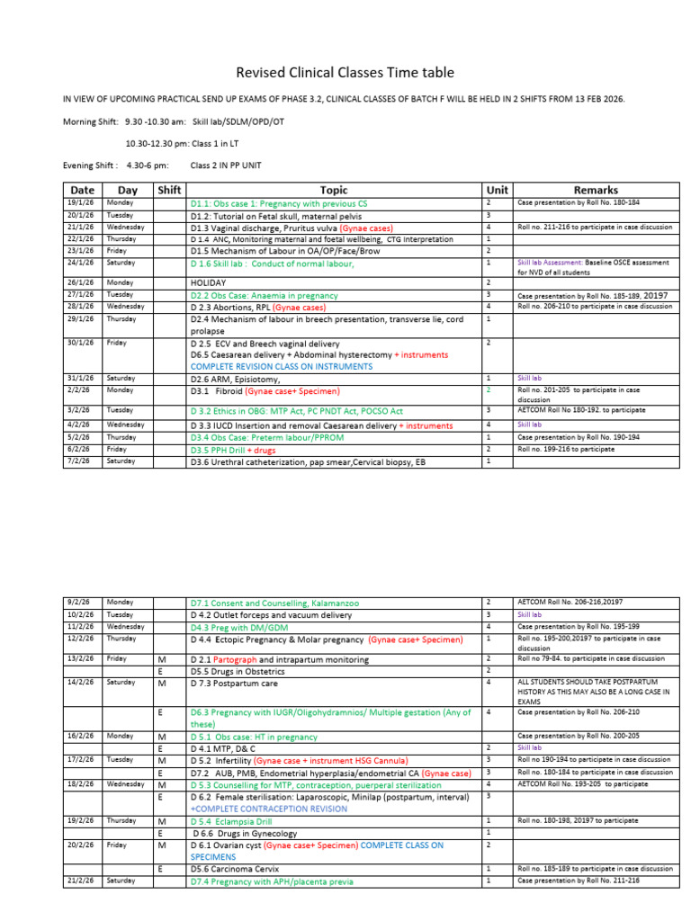 Revised Clinical Timetable Batch F | PDF | Childbirth | Health Sciences