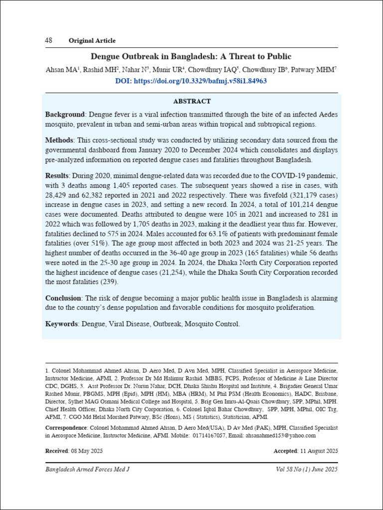 Dengue Outbreak in Bangladesh - A Threat To Public | PDF | Human ...