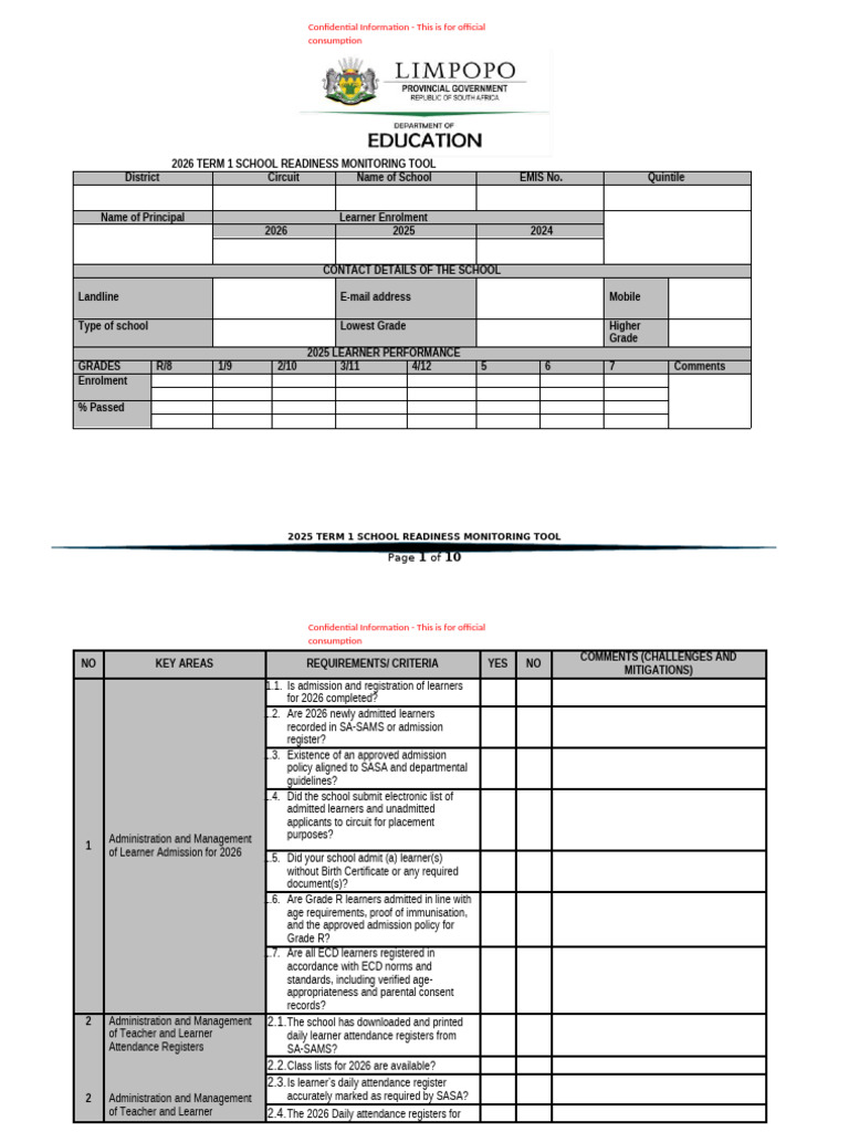 2026 First Term School Readiness Monitoring Tool Corrected | PDF ...