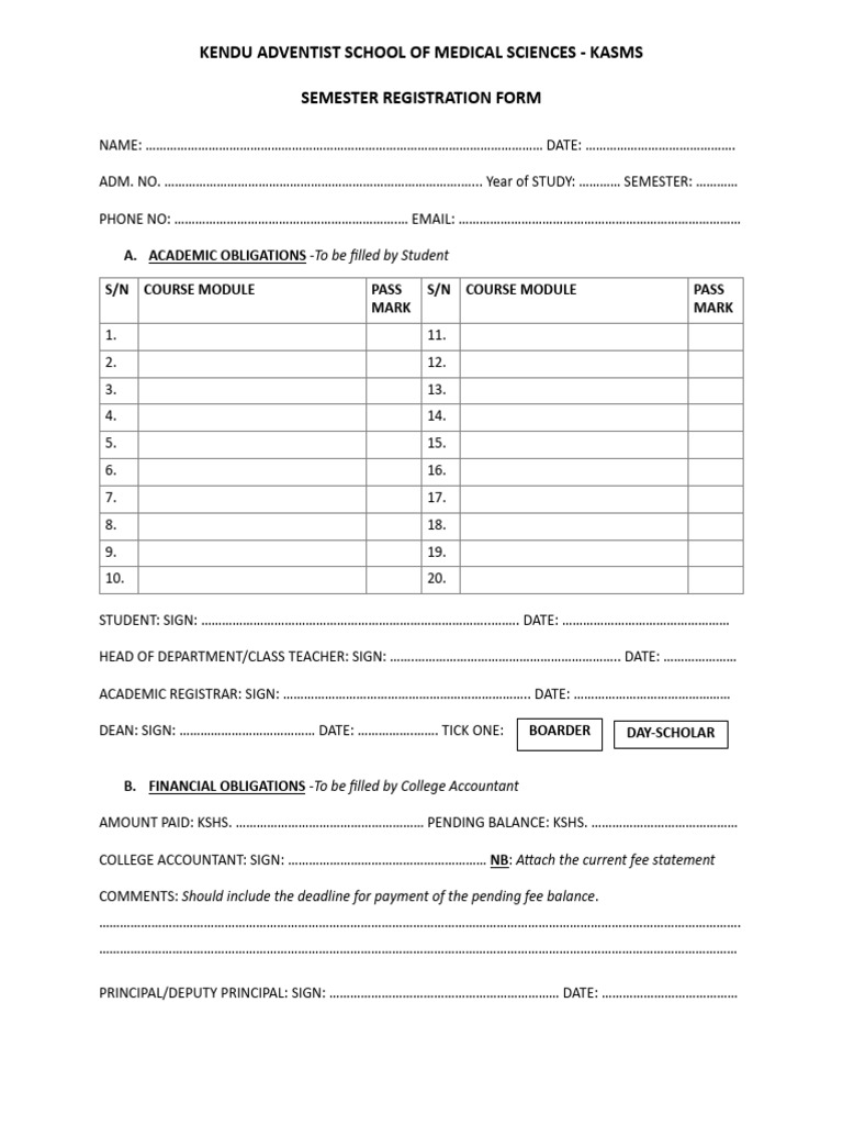 KASMS Semester Registration Form | PDF