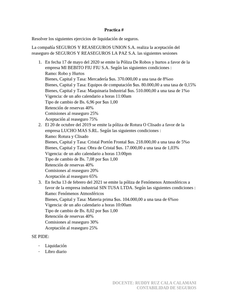 Practica Contabilidad de Seguros Liquidacion Reaseguro Aceptado | PDF