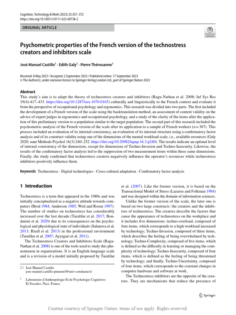 Psychometric Properties of The French Version of t2 | PDF | Validity ...