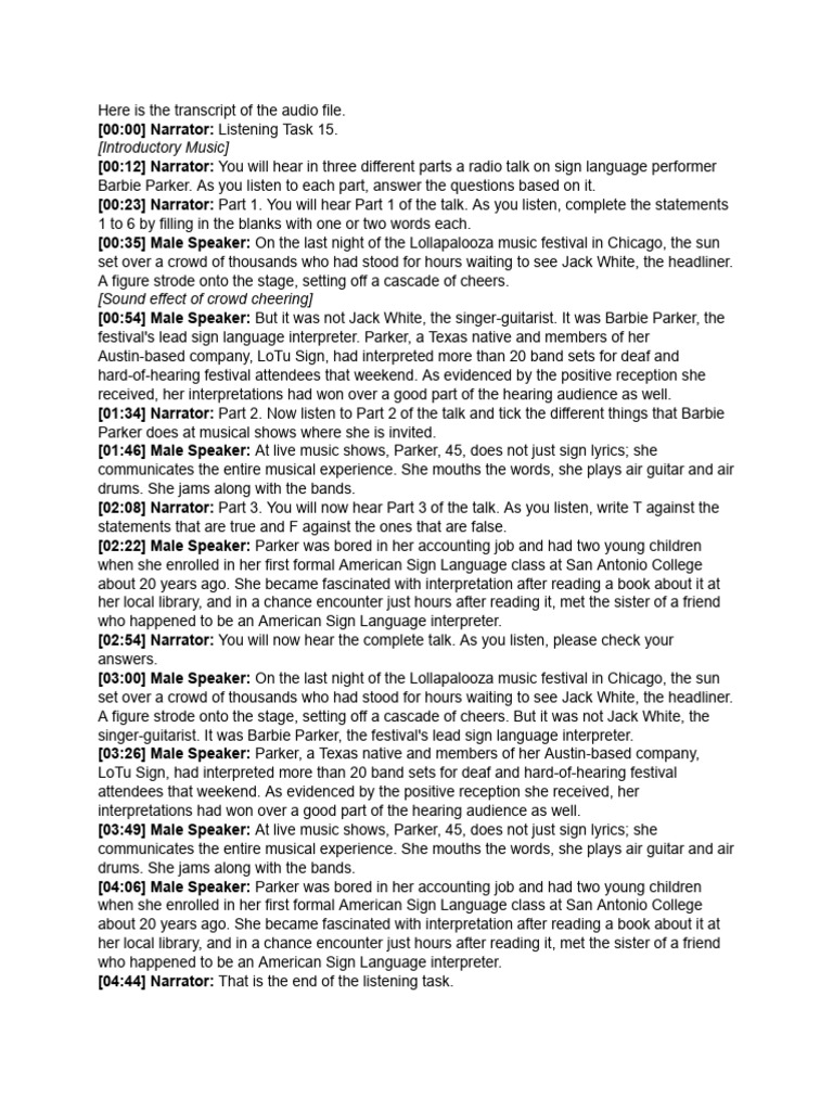 Listening Documentary Transcript | PDF | Sign Language | Deafness