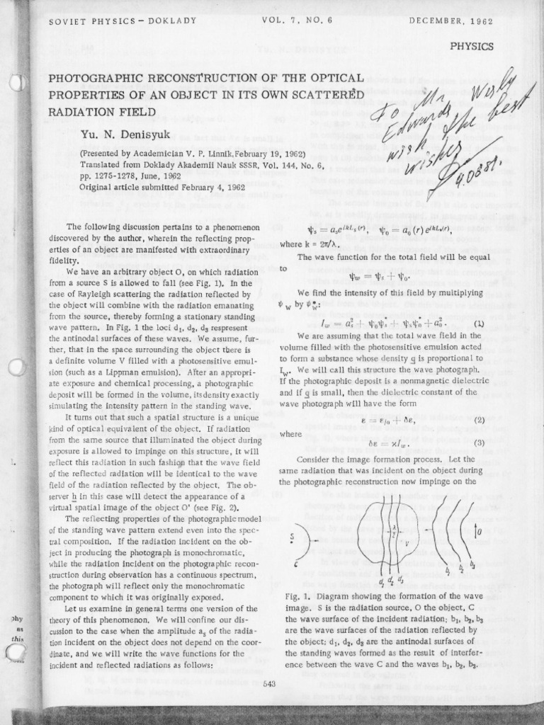 1962 Photographic Reconstruction of The Optical Properties of An Object ...
