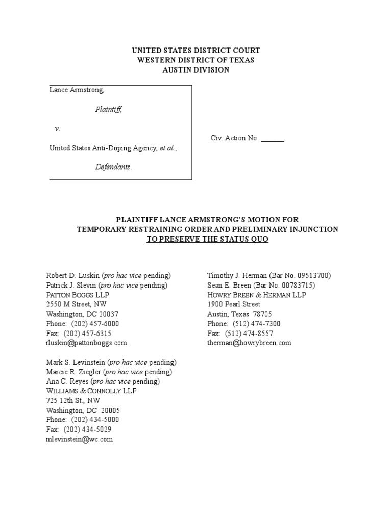 2012 07 09 Lance Armstrong TRO and Brief | PDF | Injunction | Arbitration