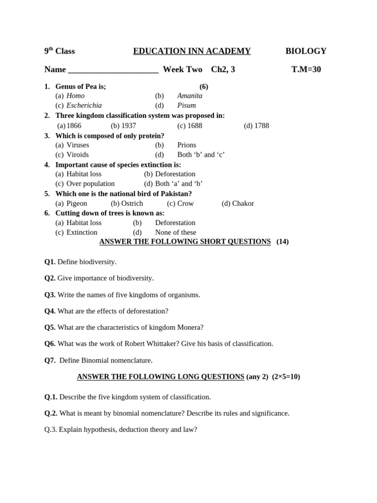 9th Class, Biology, Ch3 | PDF