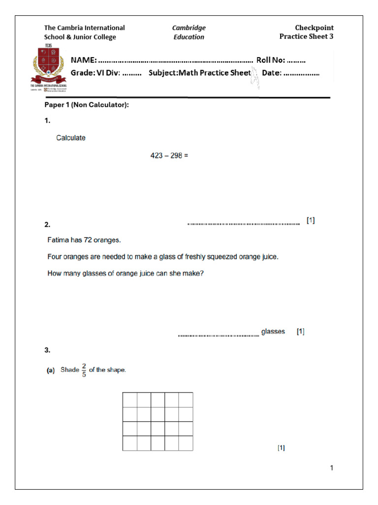 GR 6 Math Checkpoint Practice Sheet 3 | PDF | Chess Theory | Chess