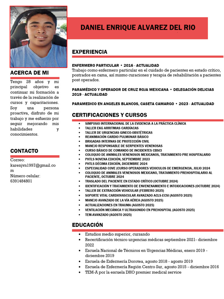 Daniel Alvarez CV 2025 | PDF | Paramédico | Medicina CLINICA