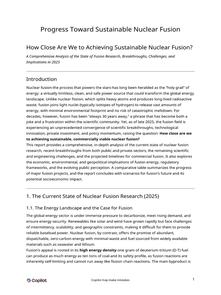 Progress Toward Sustainable Nuclear Fusion | PDF | Fusion Power | Tokamak