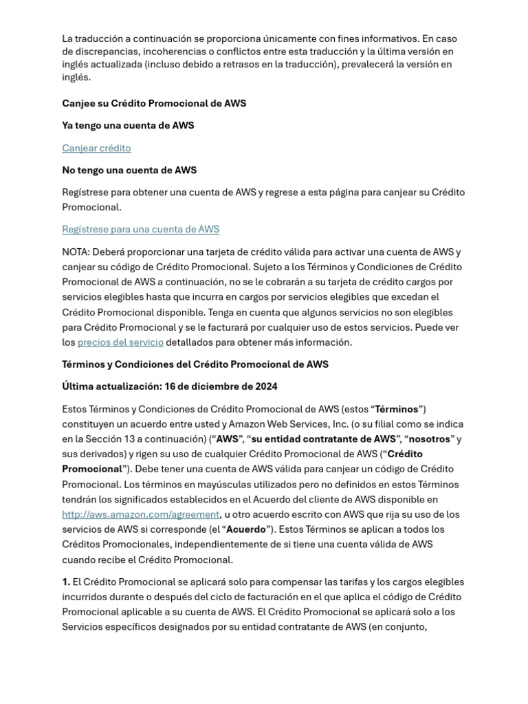 AWS Promotional Credit Terms Conditions ES-LA | PDF | Servicios web de ...
