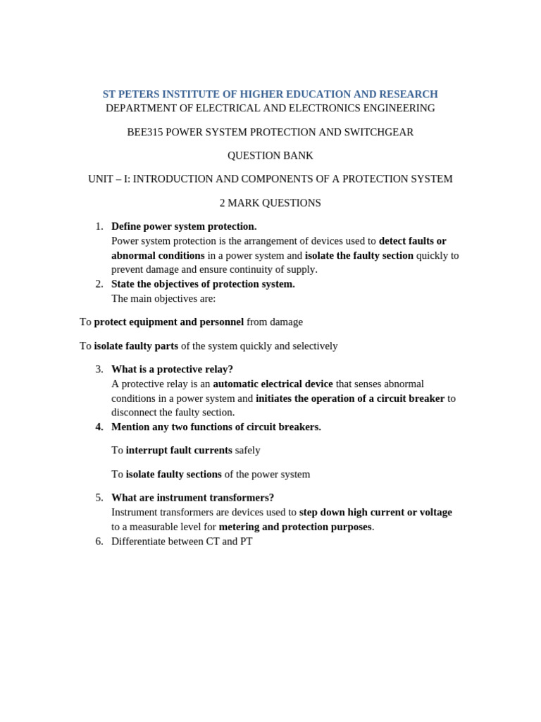 Power - System - Protection - Question - Bank With Answer | PDF | Relay ...