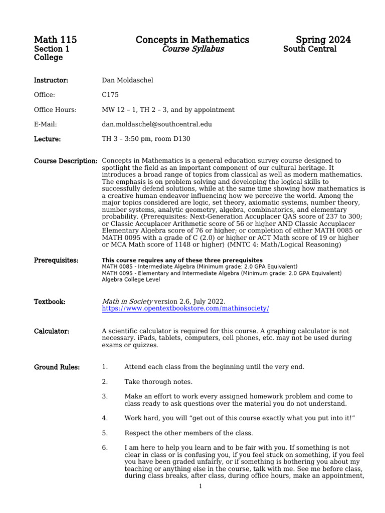Syllabus Math 115-01 Spring 2024 | PDF | Mathematics | Algebra