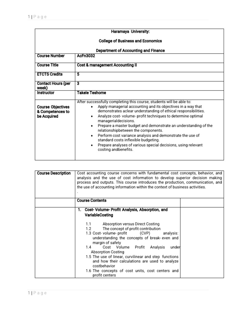 Cost and Management Accounting Course Outline For New Curriculam | PDF