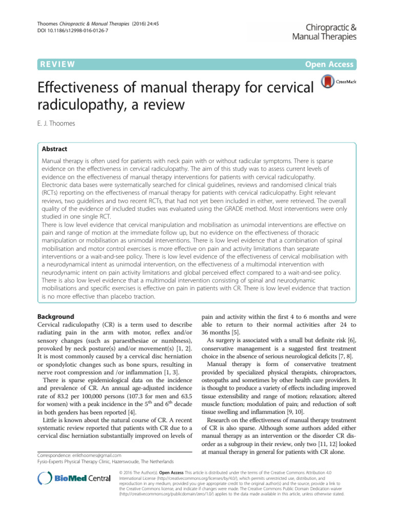 Effectiveness of Manual Therapy For Cervical Radiculopathy, A Review ...