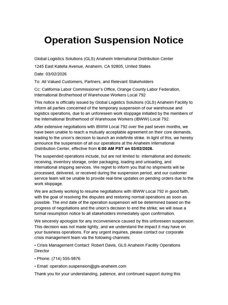 Operation Suspension Notice | PDF | Logistics | Strike Action