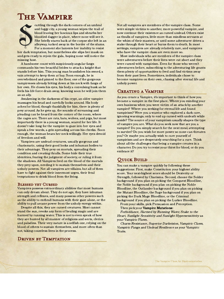 Vampire Class, DND 5e - by Skydreamstudios V1.2 | PDF