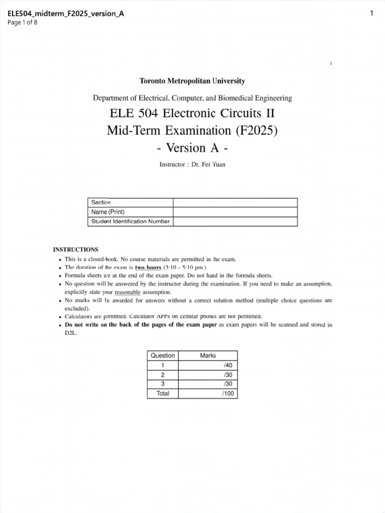 ELE504 Midterm F2025 Version A Solution | PDF