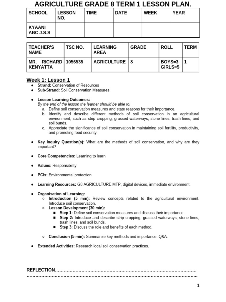 G8 Sample Agriculture Term 1 Lesson Plan | PDF | Lesson Plan | Agriculture