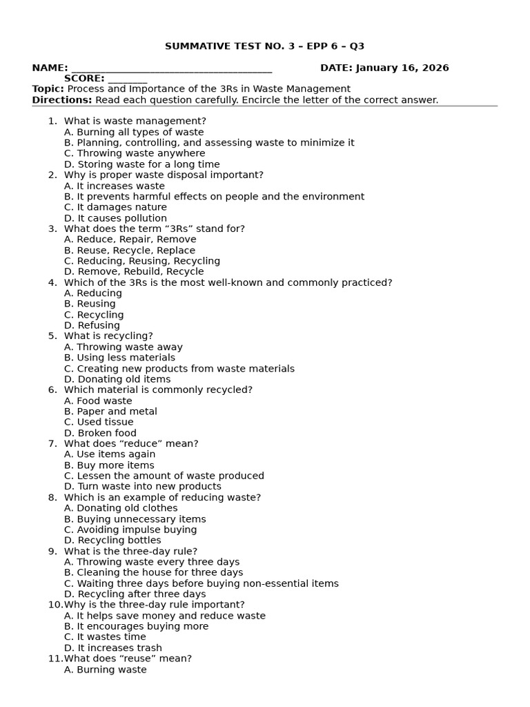 Summative Test No 3 Epp6 - q3 | PDF | Waste | Recycling
