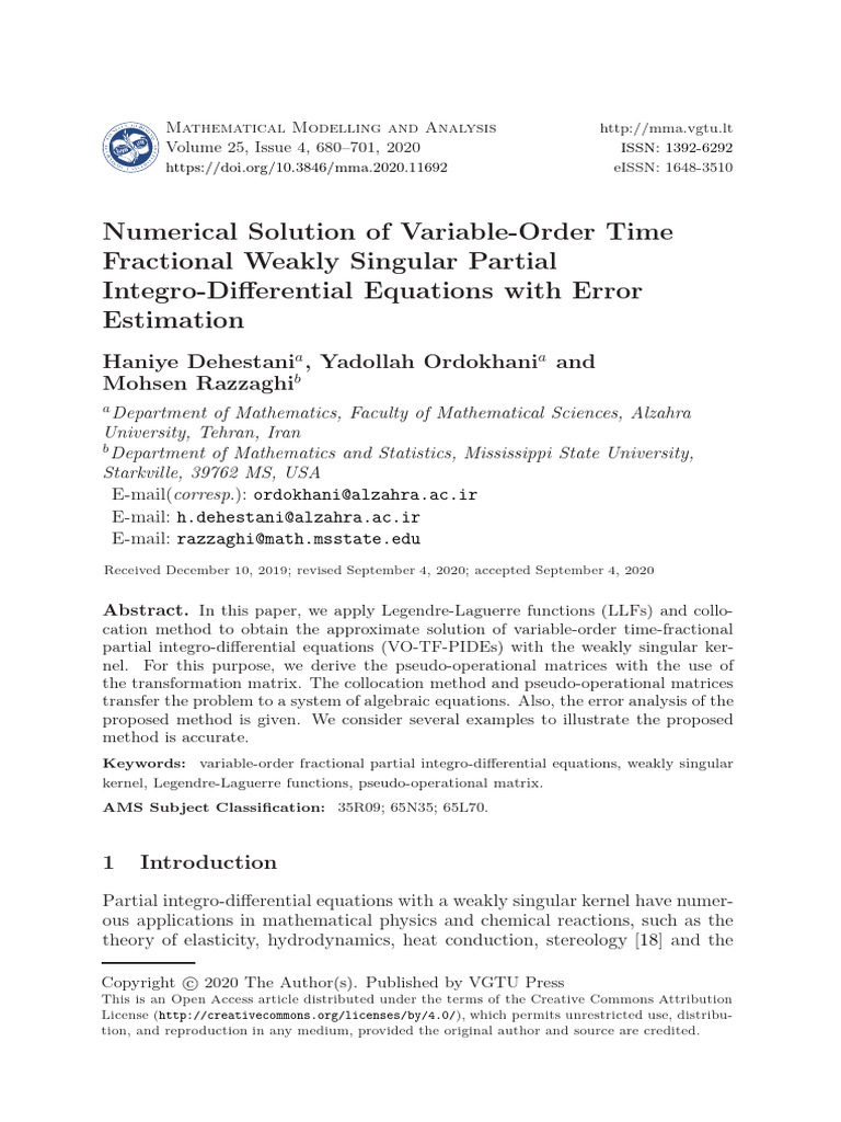Numerical Solution of Variable-Order Time Fractional Weakly Singular ...