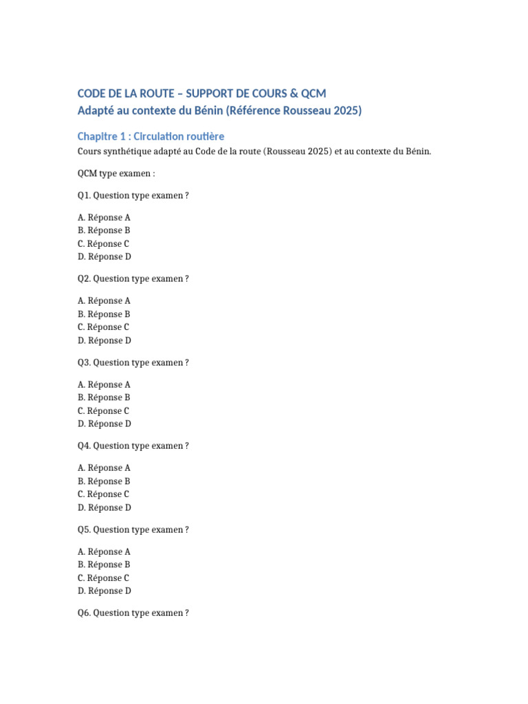 Code de La Route Benin Rousseau 2025 Cours QCM | PDF | Conduite automobile