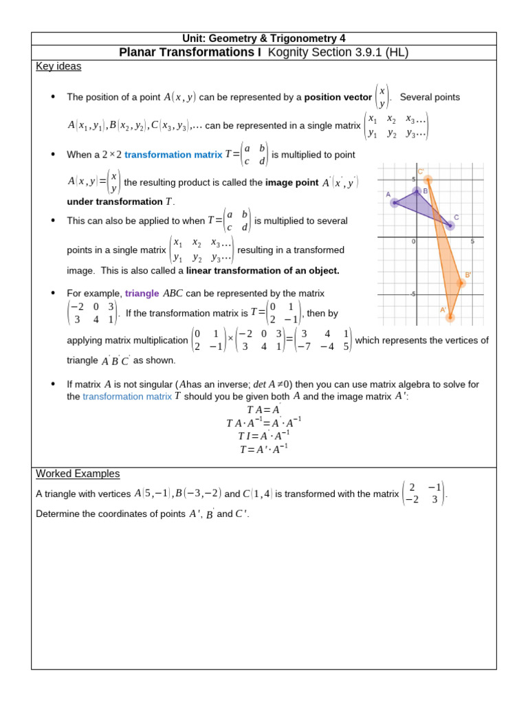 3.9a Planar Transformations I (HL) | PDF | Matrix (Mathematics) | Geometry