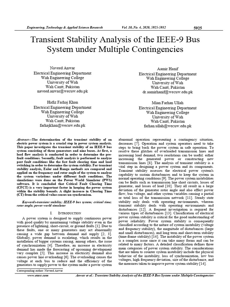 Transient Stability Analysis of The IEEE-9 Bus System Under Multiple ...