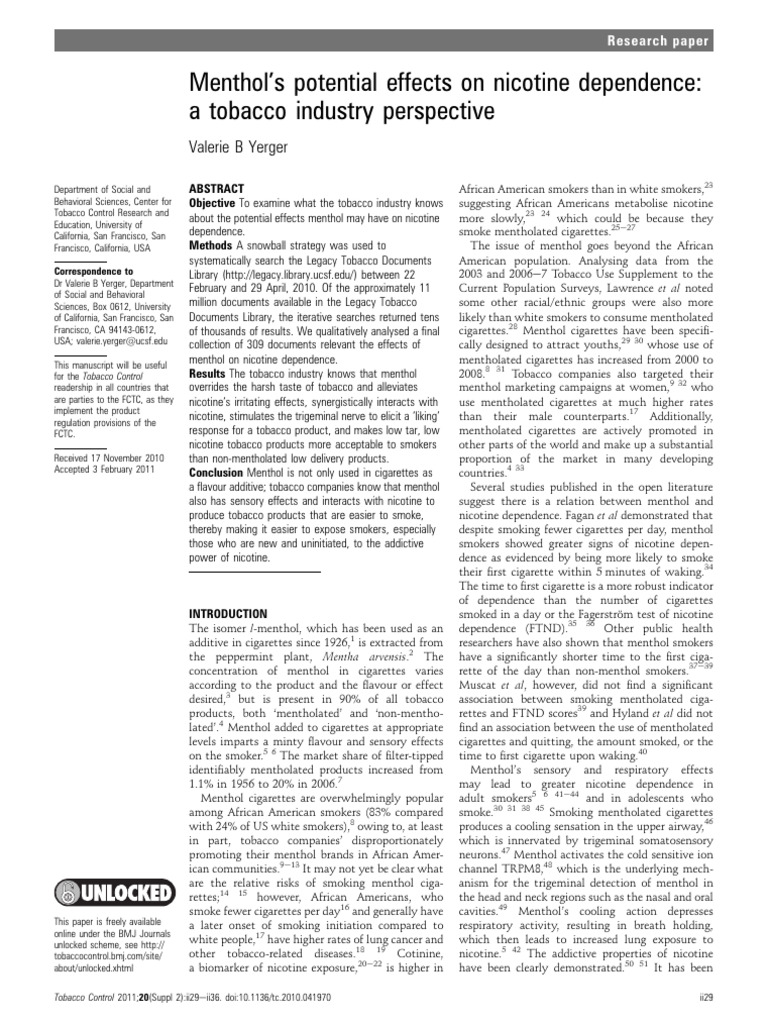 Menthol's Potential Effects On Nicotine Dependence A Tobacco Industry ...