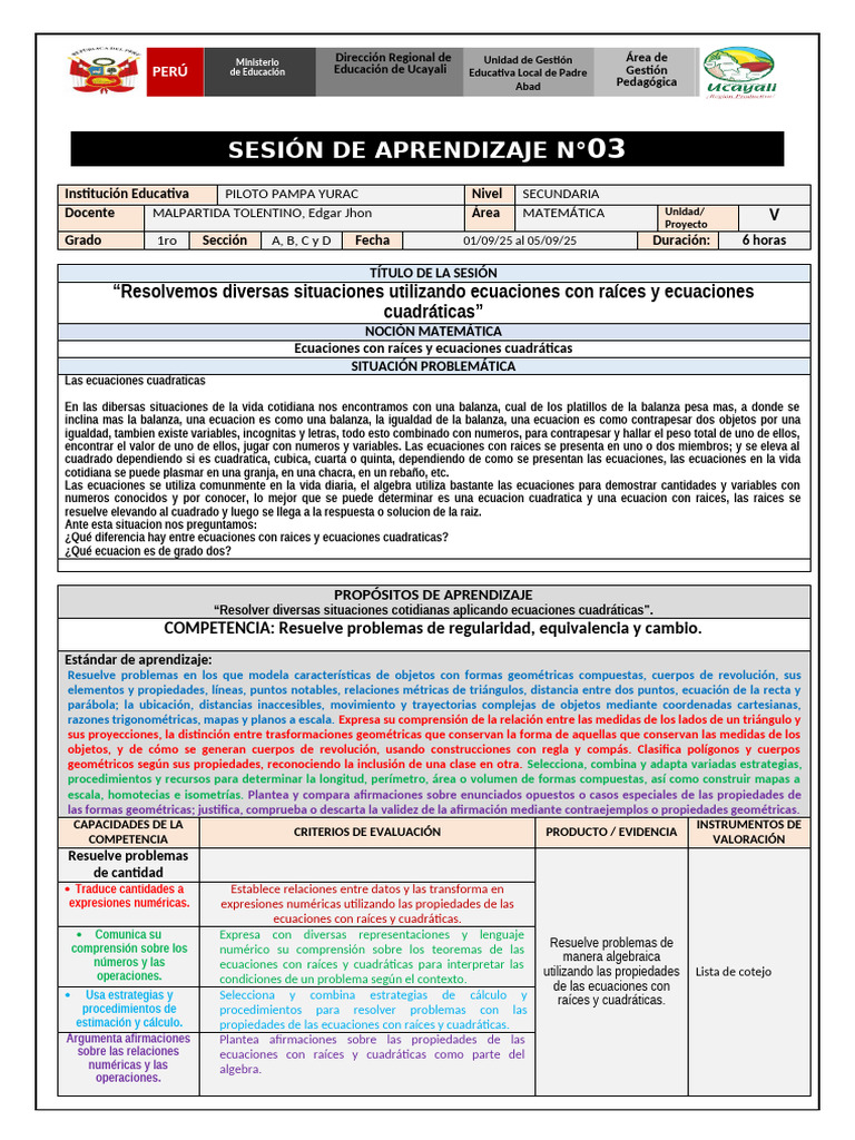 Sesion de Aprendizaje 1ro | PDF | Ecuaciones | Geometría
